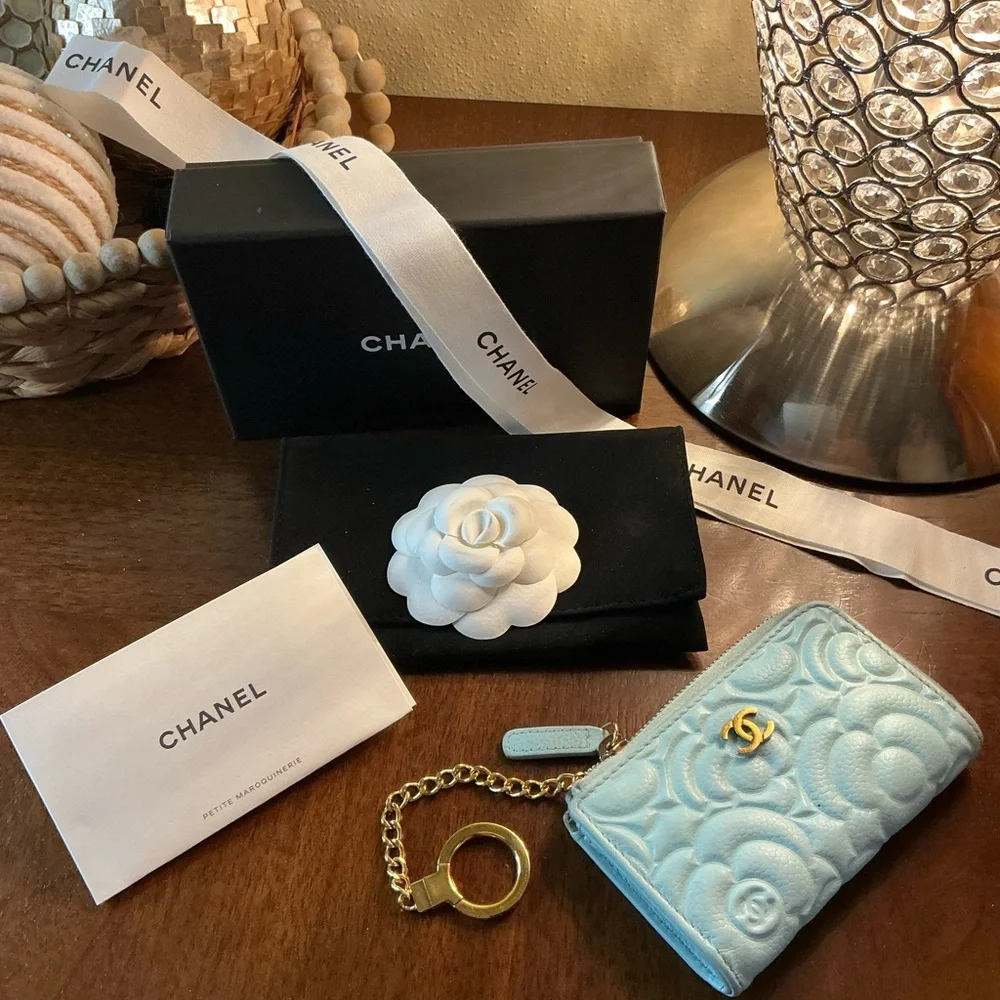 Beautiful Chanel Camellia Coco Mark Coin Case Wallet Light Blue